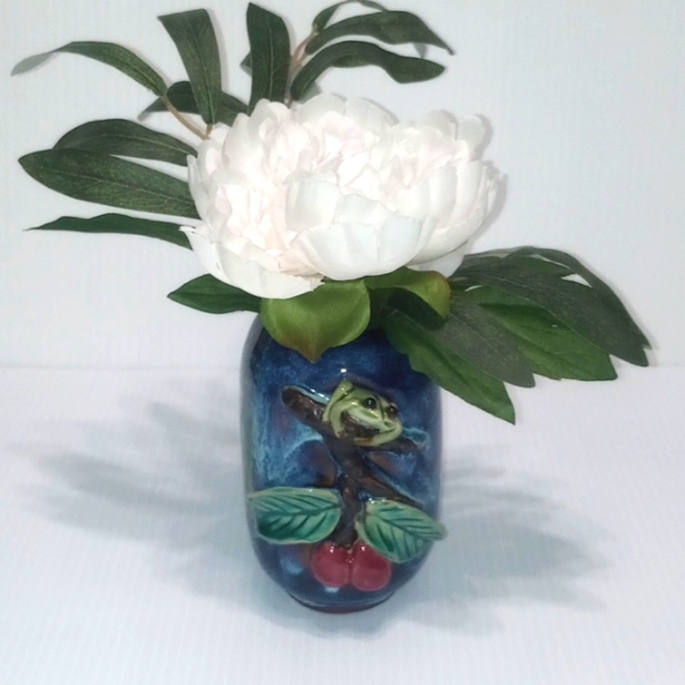 Vintage Drip Glaze Frog on Olive Branch Vase - Picture 7 of 9